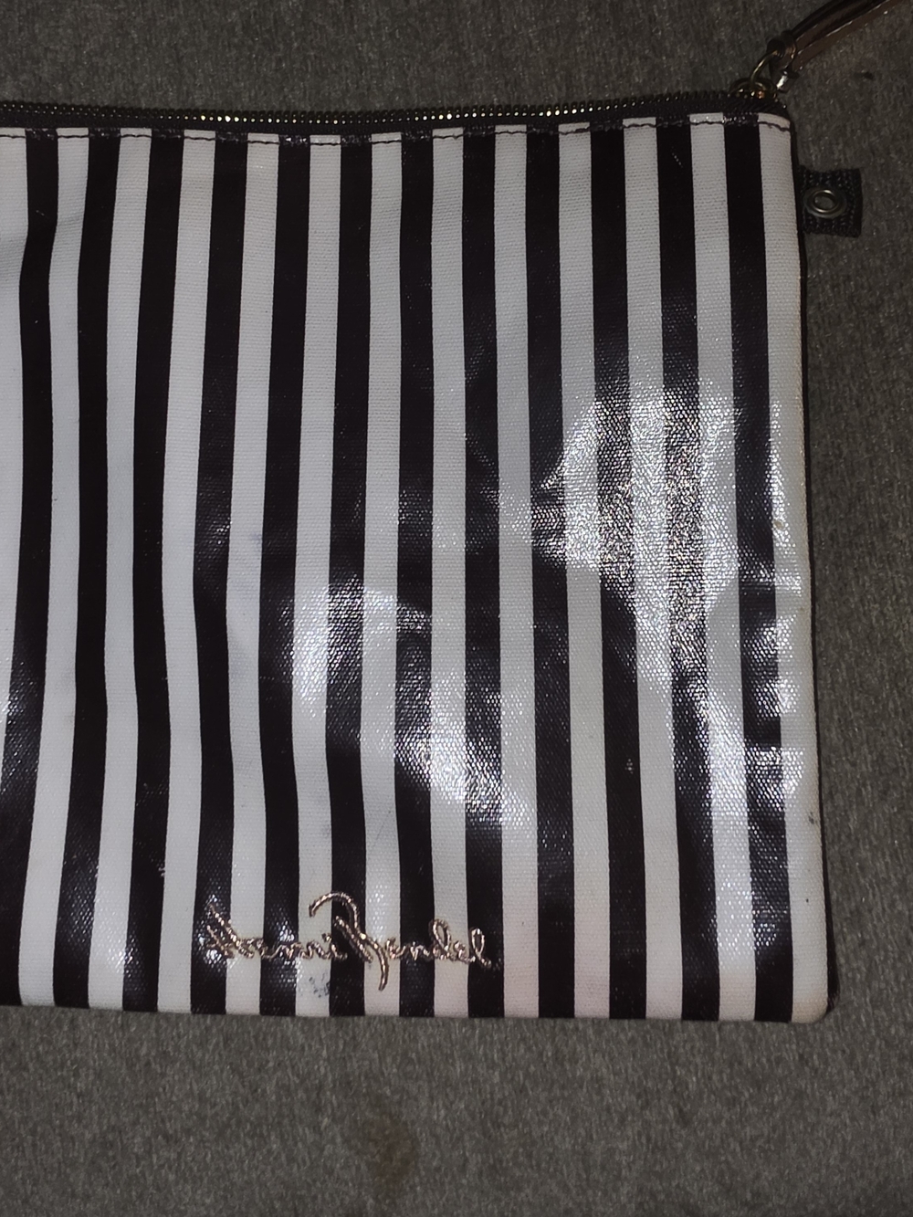 Henri Bendel Embroidered Square Makeup Bag/Wristlet White/Black Striped